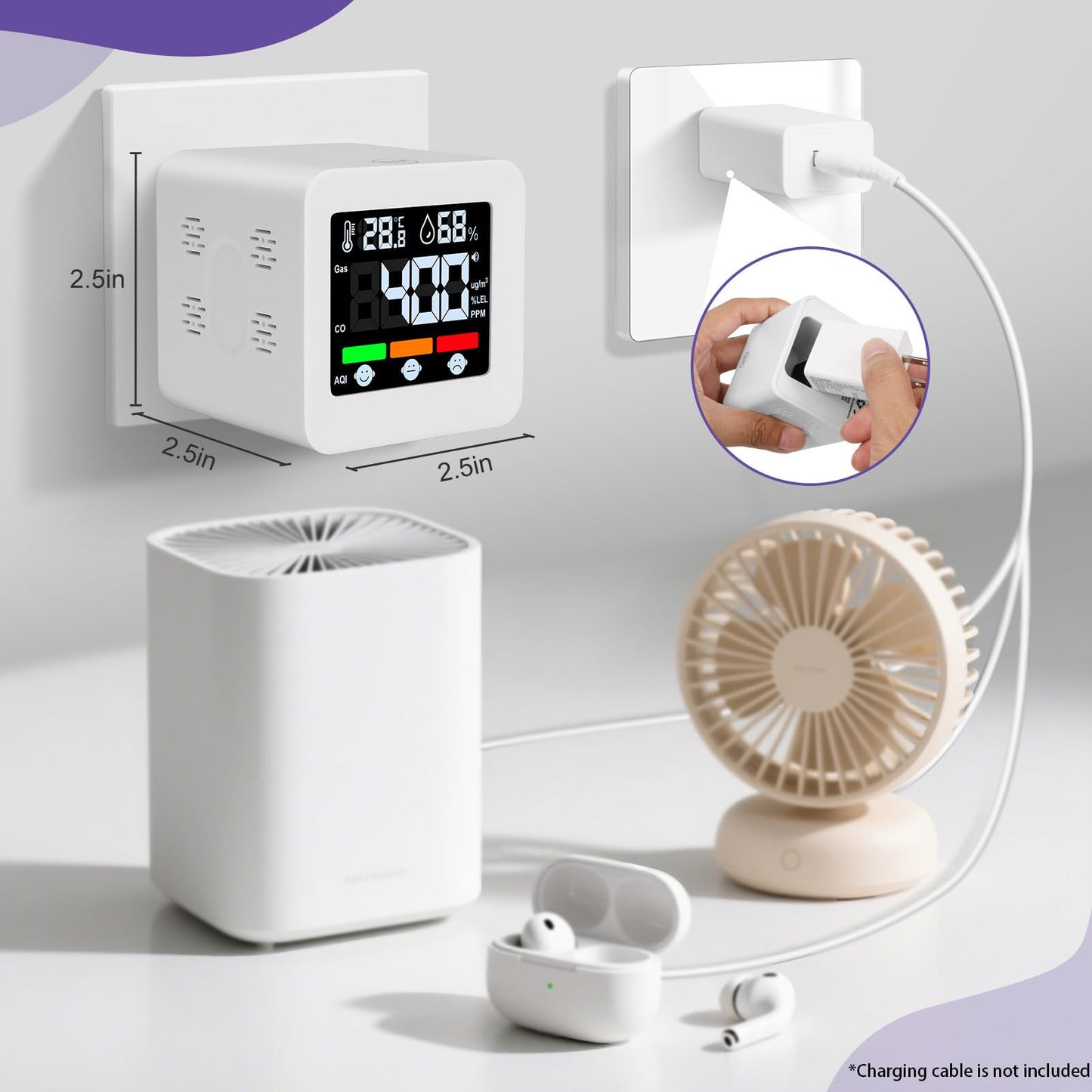 Plug-in 4-in-1 Gas & CO Detector with Temp/Humidity - Natural Gas, Propane & Methane Detector for Home, RV & Apartments (1, White-Voice Edition)