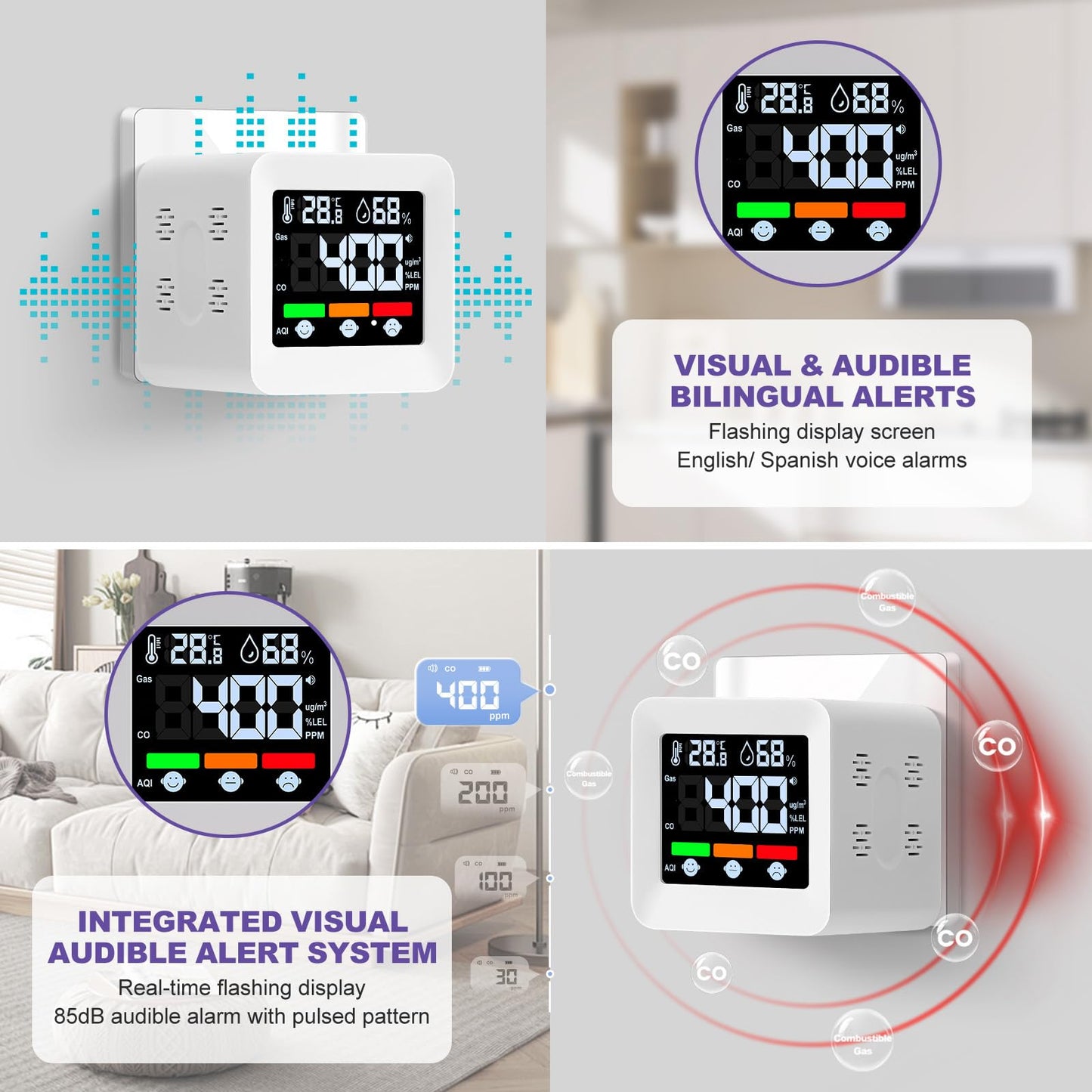 Plug-in 4-in-1 Gas & CO Detector with Temp/Humidity - Natural Gas, Propane & Methane Detector for Home, RV & Apartments (1, White-Voice Edition)