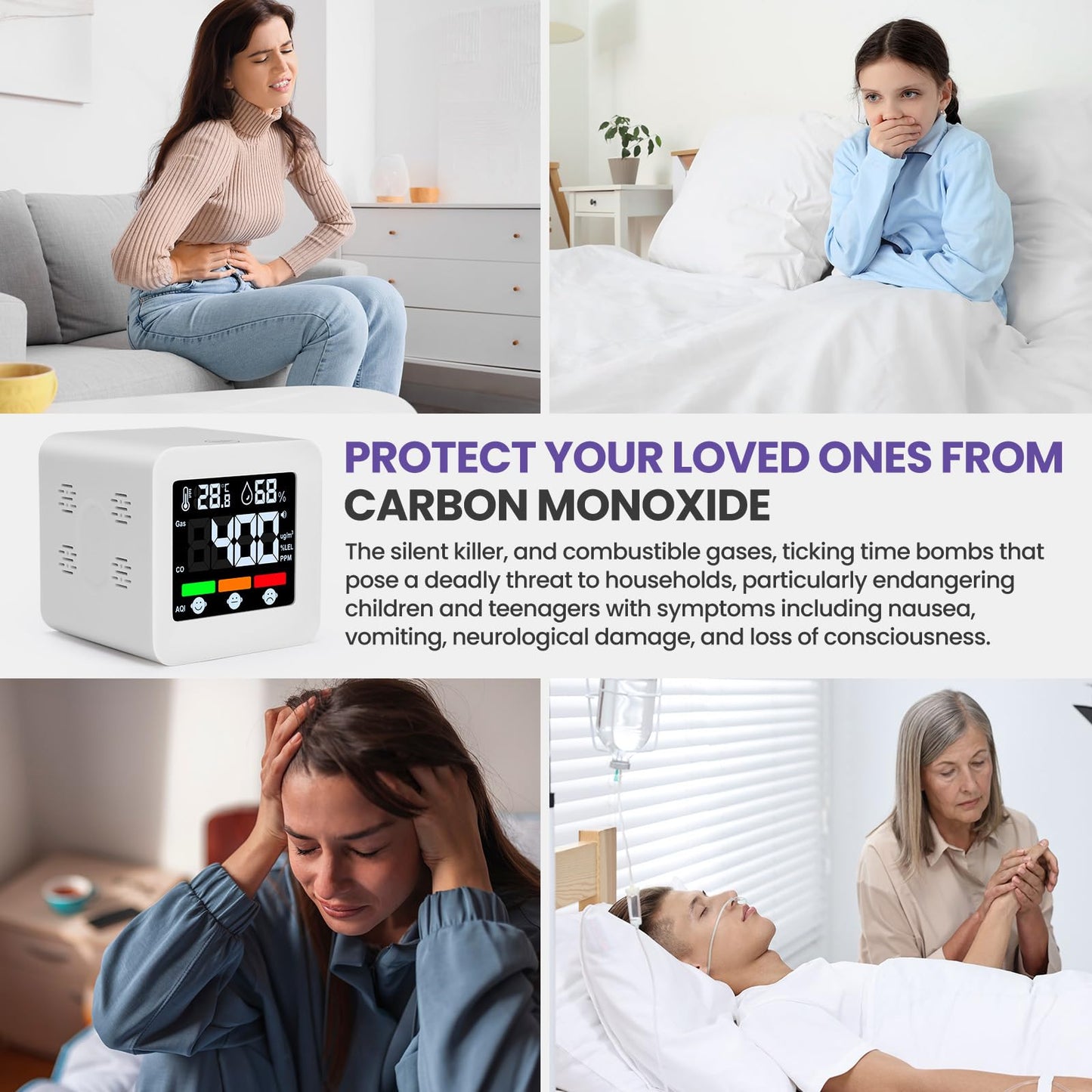 Plug-in 4-in-1 Gas & CO Detector with Temp/Humidity - Natural Gas, Propane & Methane Detector for Home, RV & Apartments (1, White-Voice Edition)