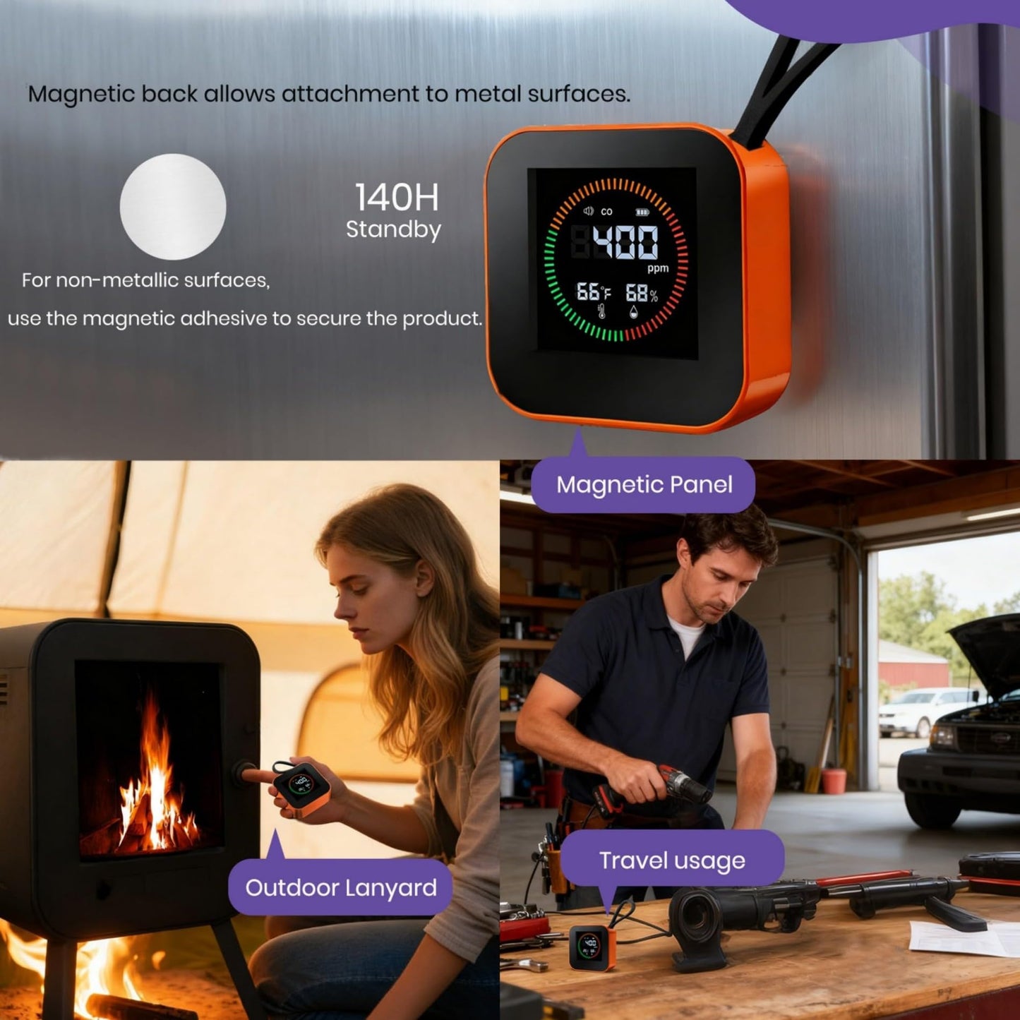 3-in-1 Portable Carbon Monoxide Detector for Travel – UL-Compliant CO Alarm with Temperature and Humidity Monitor, USB-C Rechargeable for RV, Hotel, Camping(1, Silver)