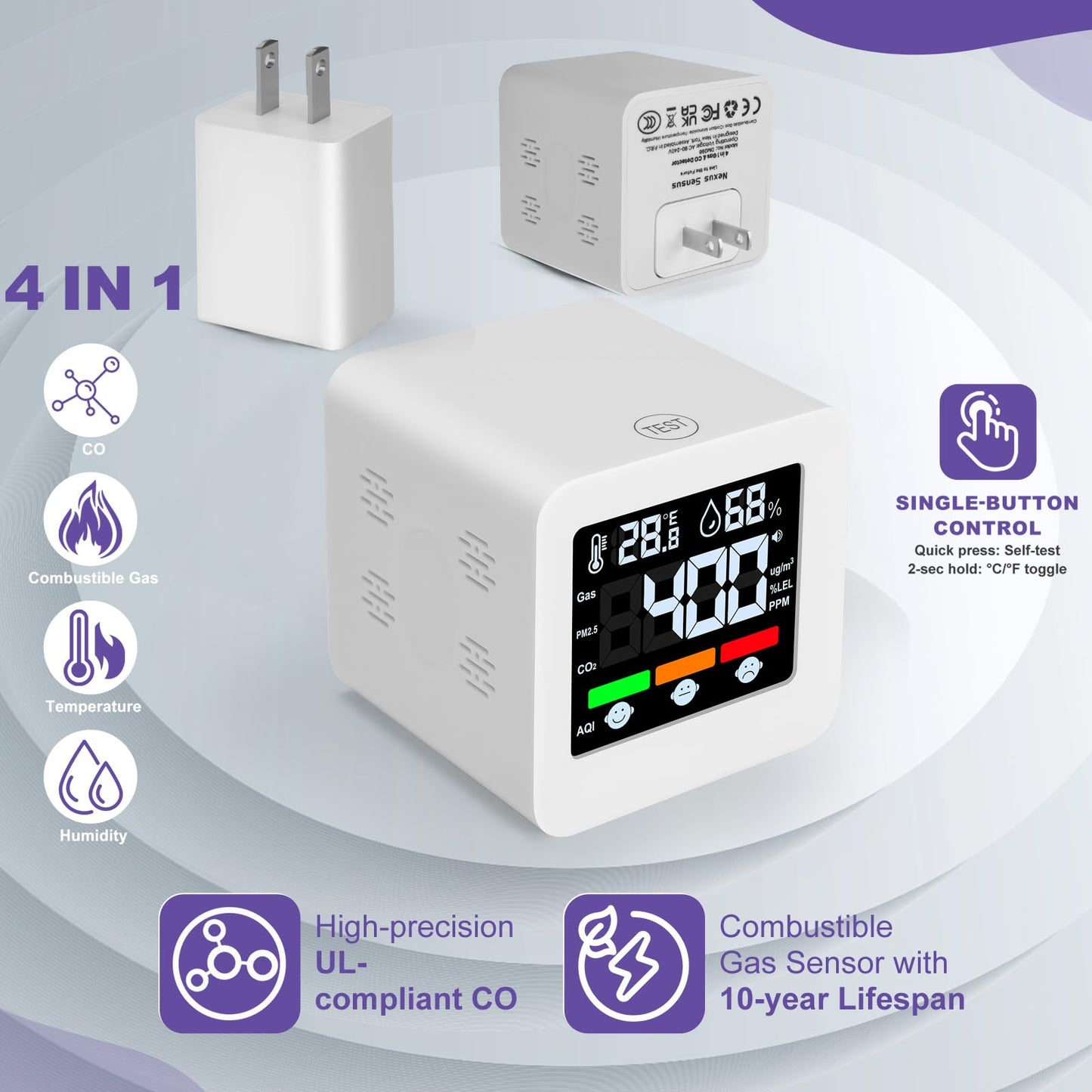 Plug-in 4-in-1 Gas & CO Detector with Temp/Humidity - Natural Gas, Propane & Methane Detector for Home, RV & Apartments (1, White-Voice Edition)