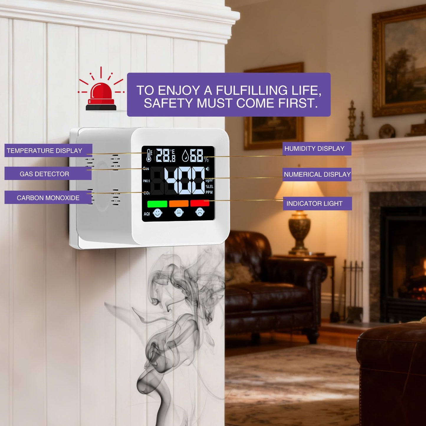 Plug-in 4-in-1 Gas & CO Detector with Temp/Humidity - Natural Gas, Propane & Methane Detector for Home, RV & Apartments (1, White-Voice Edition)