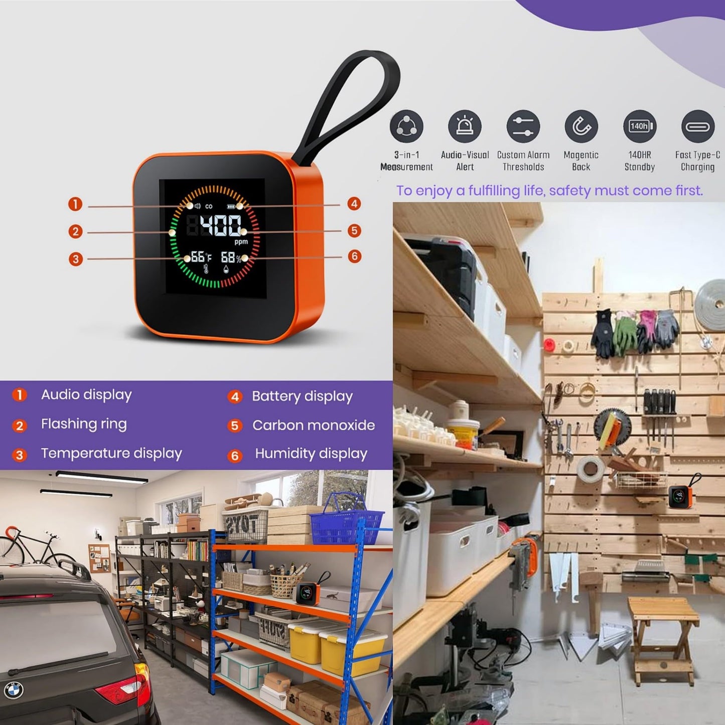 3-in-1 Portable Carbon Monoxide Detector for Travel – UL-Compliant CO Alarm with Temperature and Humidity Monitor, USB-C Rechargeable for RV, Hotel, Camping(1, Silver)